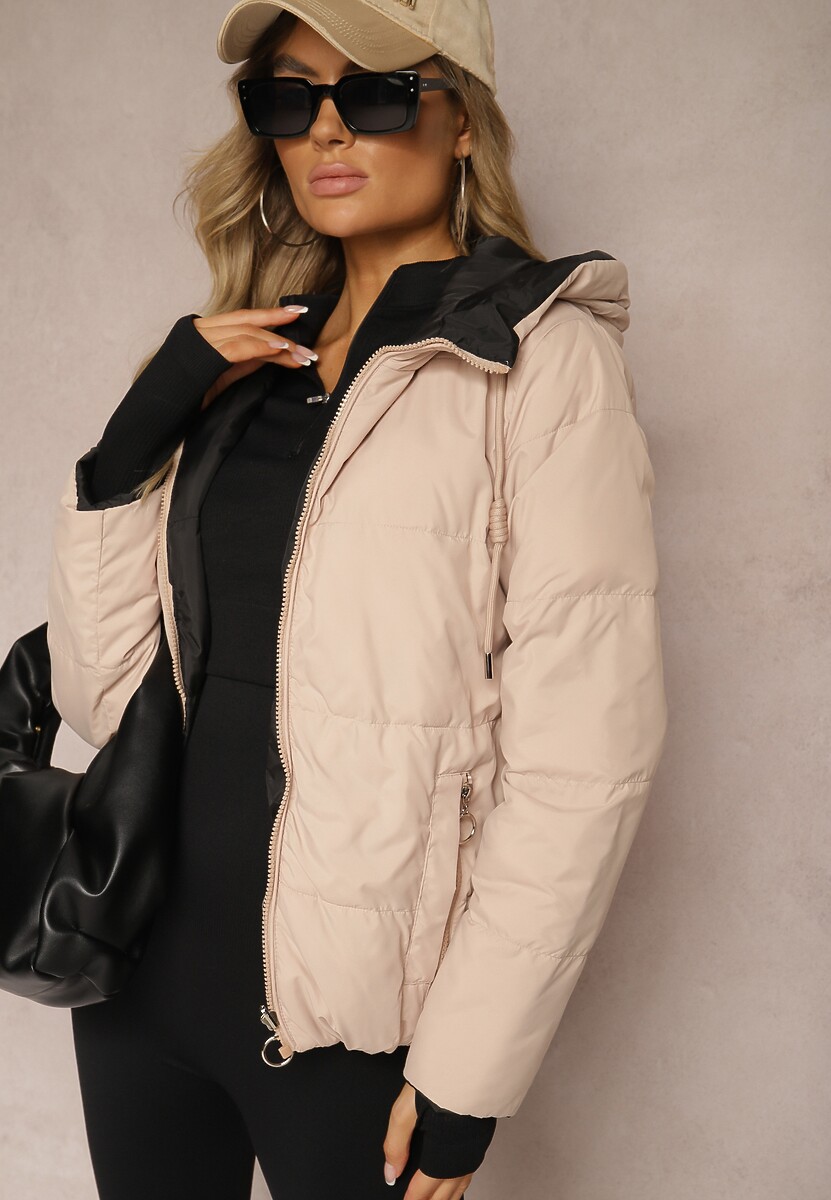 Beżowa Pikowana Kurtka Dwustronna Wykończona Sznurkami Atitoria