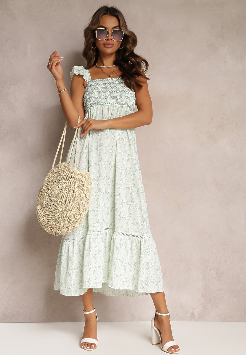 Zielona Maxi Sukienka Rozkloszowana na Ramiączkach z Falbankami Azah