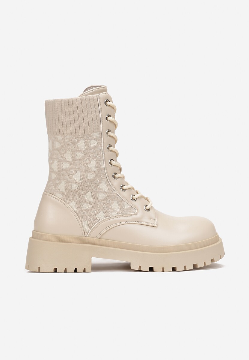 Beżowe Botki Workery z Elastyczną Cholewką Sznurowane Eideia