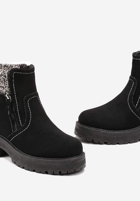 Czarne Botki z Ozdobnym Suwakiem i Materiałową Wstawką Sanremia