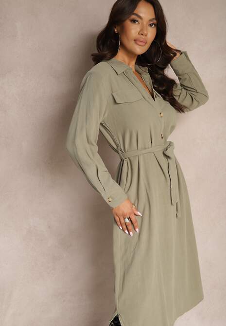 Zielona Sukienka z Bawełny o Koszulowym Kroju Wiązana w Talii Zinrose