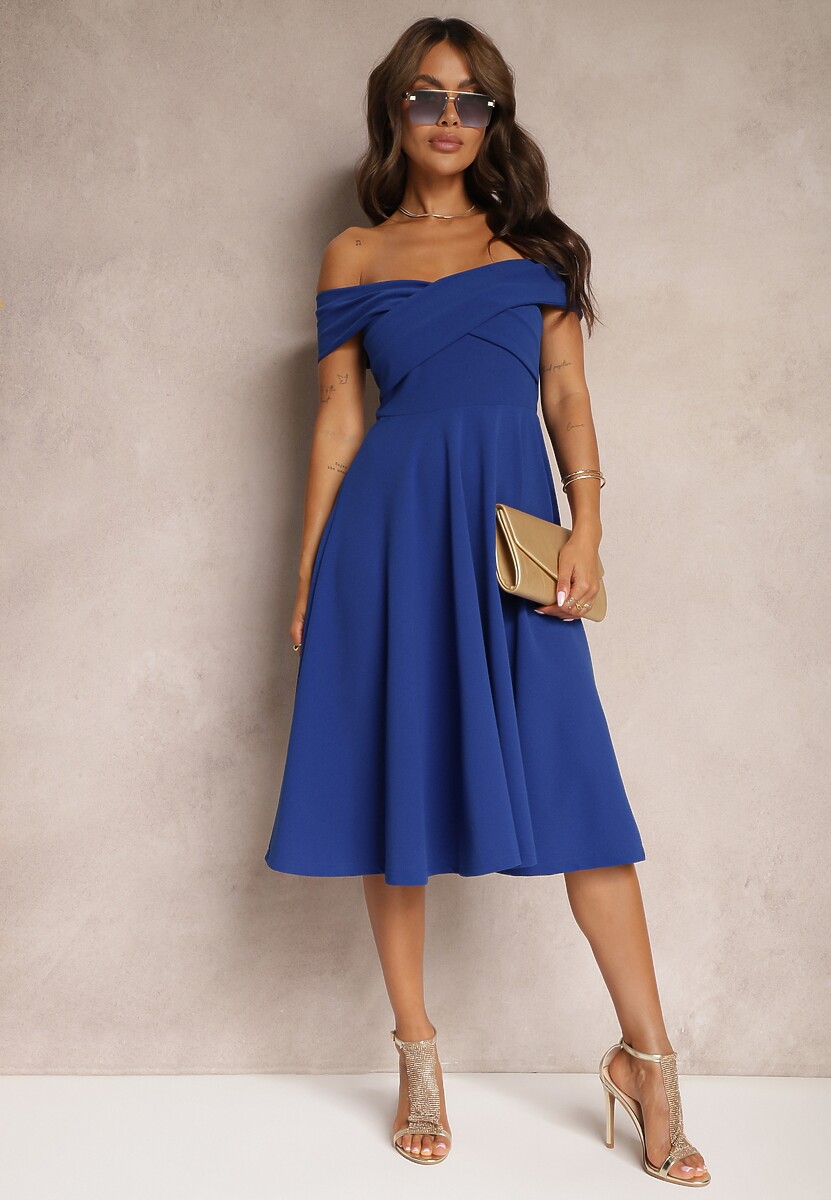 Niebieska Sukienka z Hiszpańskim Dekoltem o Rozkloszowanym Kroju Pelorea