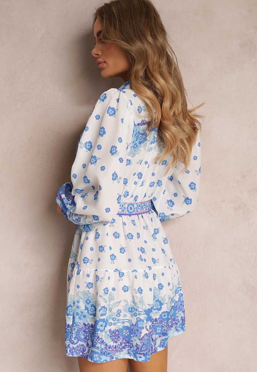 Niebieska Wiązana Sukienka z Kołnierzykiem i Gumką w Pasie Santanna