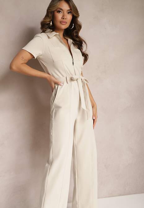 Jasnobeżowy Kombinezon z Elastycznej Bawełny z Suwakiem i Wiązanym Paskiem Ecatra