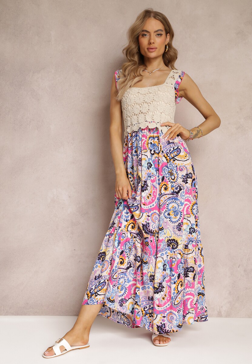 Fuksjowa Rozkloszowana Sukienka Maxi z Szydełkową Górą na Ramiączkach Kashan