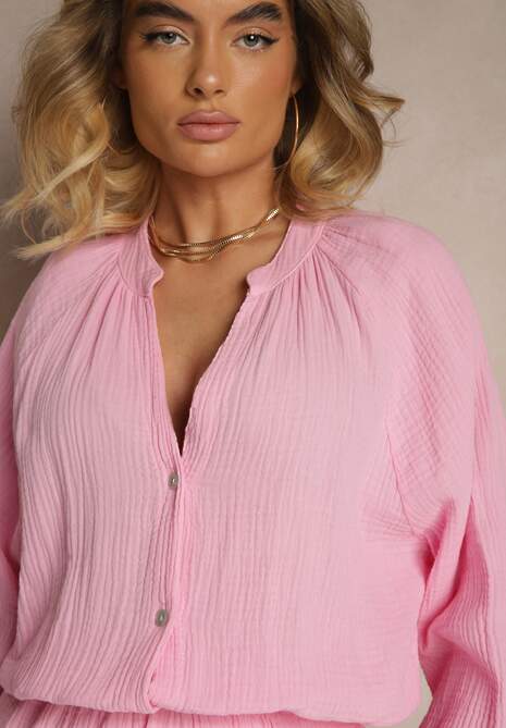 Różowy Kombinezon z Bawełny ze Spódnico-Spodenkami i Guzikami oraz Gumką w Talii Vimatthea