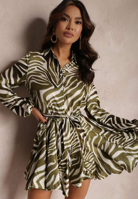 Ciemnozielona Sukienka Koszulowa z Nadrukiem i Wiązanym Paskiem Omonis