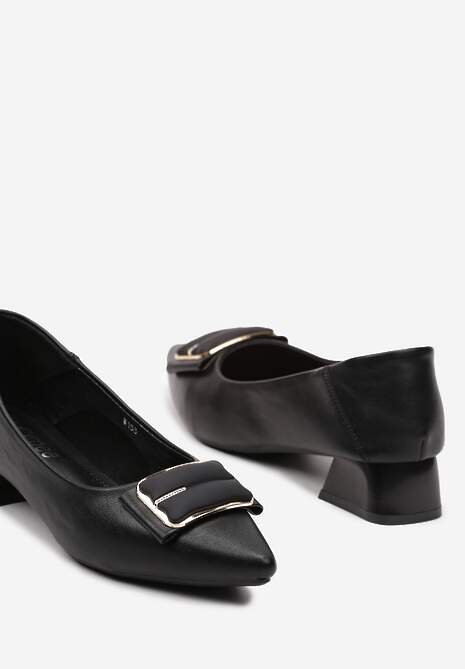 Czarne Czółenka z Ekoskóry na Słupku z Metalową Aplikacją z Cyrkoniami Limata