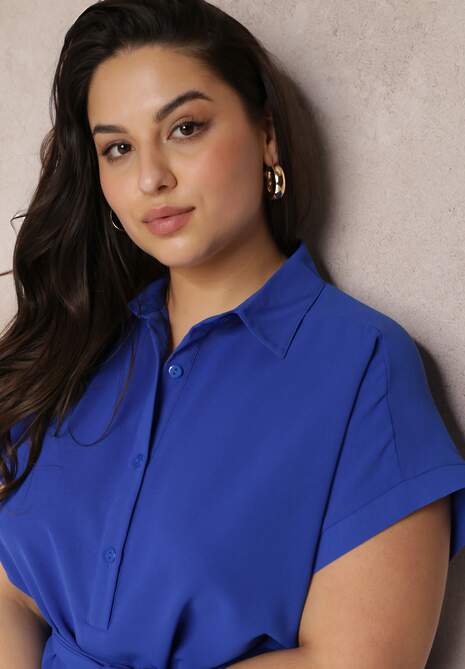 Niebieska Sukienka Koszulowa Wiązana w Pasie z Krótkimi Rękawami Wellwood