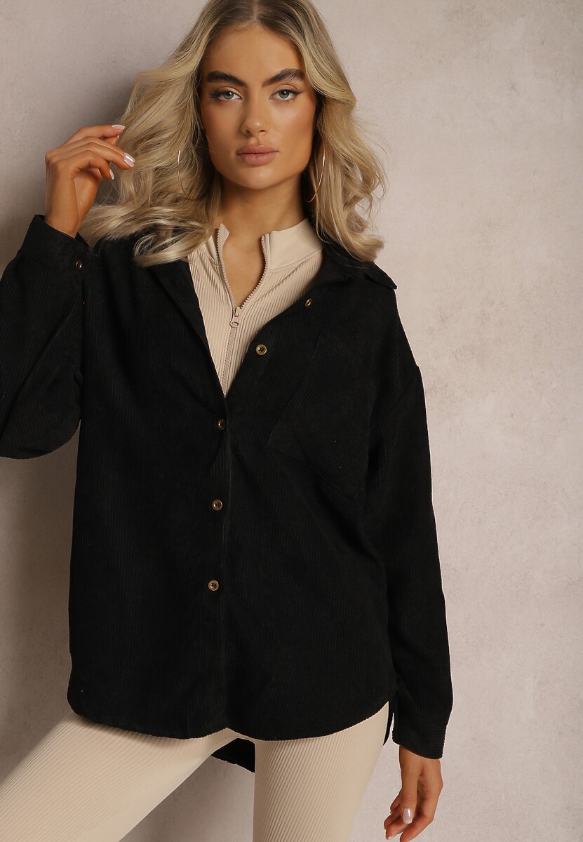 Czarna Koszula ze Sztruksowego Materiału na Guziczki Rhiawen