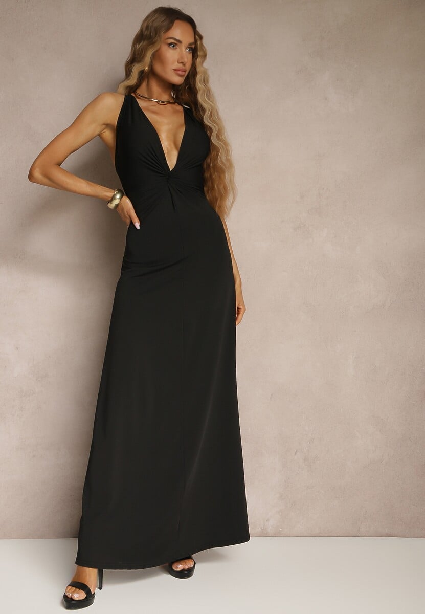 Czarna Marszczona Sukienka z Wiskozą o Rozkloszowanym Fasonie Bez Rękawów Folonea