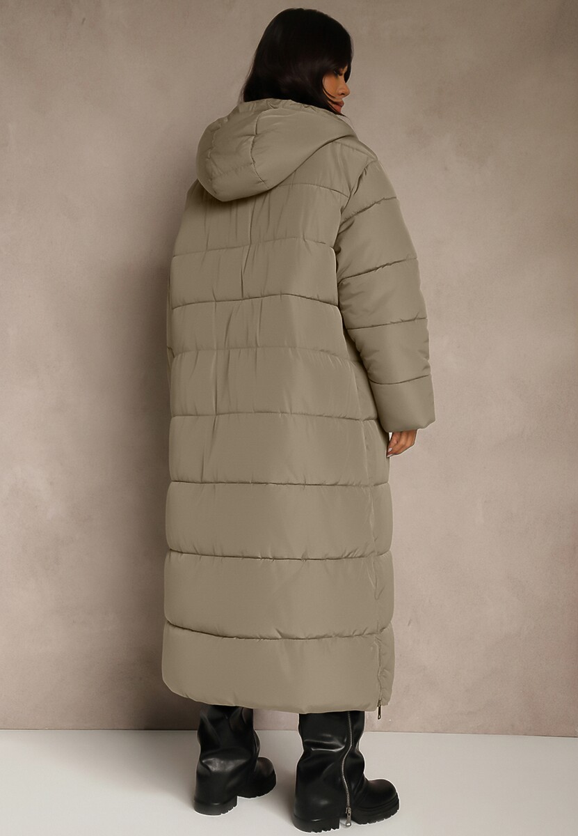 Zielona Długa Kurtka Zimowa z Pikowanymi Przeszyciami Kapturem i Suwakami Mevanesa