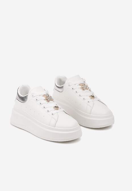 Biało-Srebrne Sneakersy na Grubej Podeszwie ze Złotymi Ozdobami na Sznurówkach i Wstawką na Pięcie Rexisa