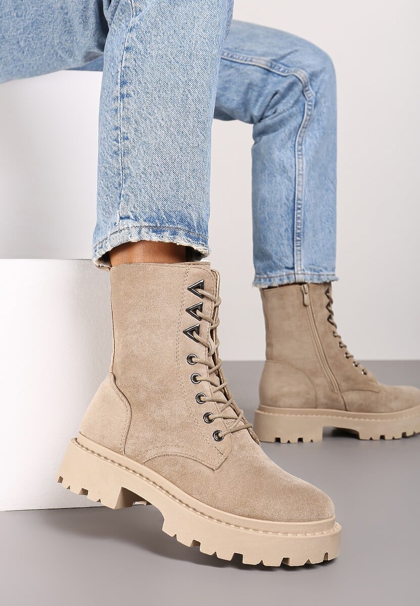Ciemnobeżowe Sznurowane Botki na Platformie w Stylu Workerów Erisandre