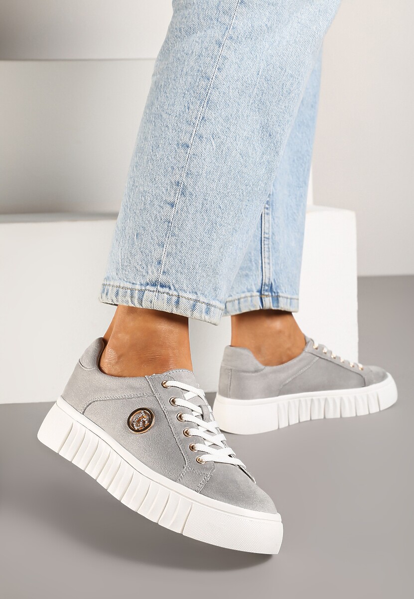Szare Sznurowane Sneakersy Vices na Platformie z Tłoczeniem i Metaliczną Aplikacją Lavfedi