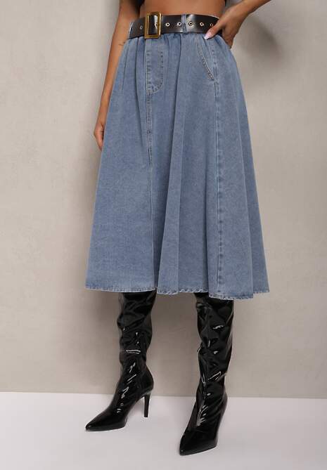 Niebieska Rozkloszowana Spódnica Jeansowa Midi z Paskiem Wendlla