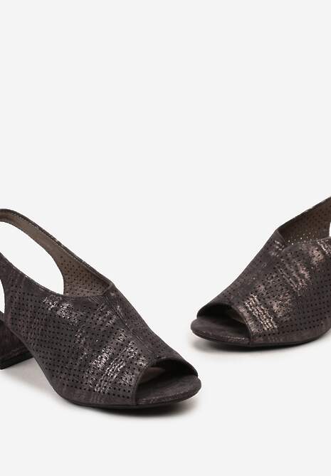 Czarne Metaliczne Sandały ze Skórzaną Wkładką na Słupku z Paskiem na Piętę i Perforacją Itrea