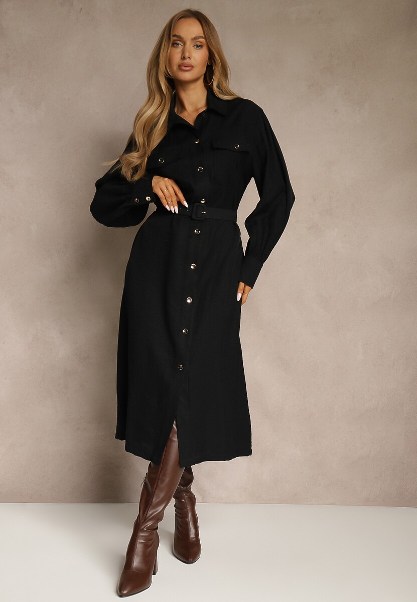 Czarna Koszulowa Sukienka z Wiskozy z Paskiem z Klamrą i Kieszeniami Lisandrila