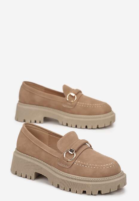 Ciemnobeżowe Mokasyny Chunky z Metaliczną Klamerką Tarune