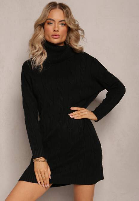Czarna Mini Sukienka ze Sweterkowej Dzianiny z Szerokim Golfem i Ściągaczami Jilenma
