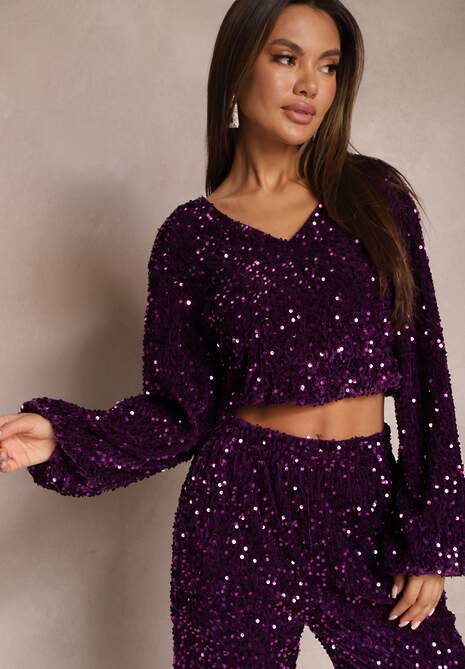 Fioletowa Cekinowa Bluzka o Luźnym Kroju Wykończona Ściągaczem Aprenna