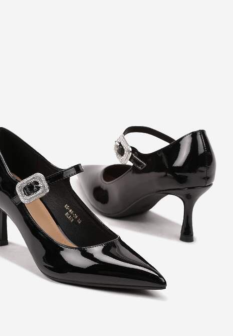 Czarne Lakierowane Czółenka na Niskiej Szpilce z Ozdobną Sprzączką Merianne