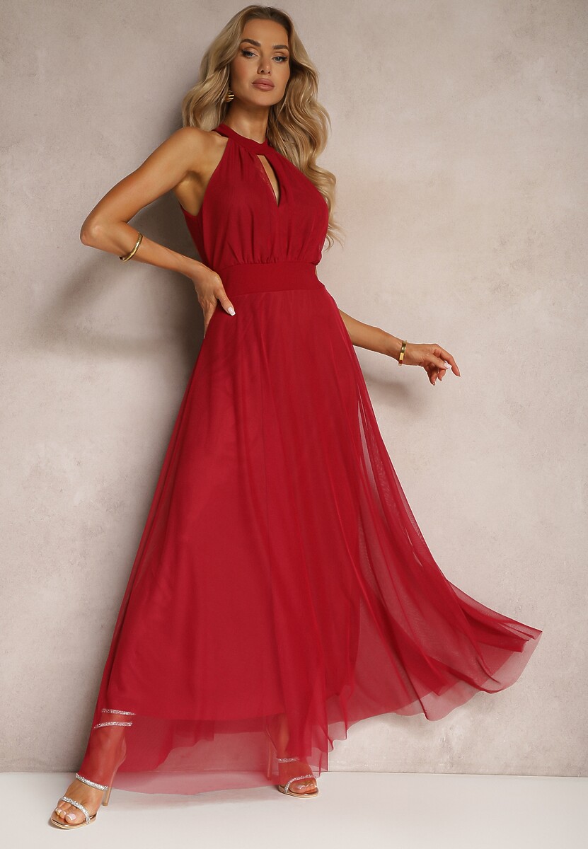 Czerwona Sukienka Koktajlowa z Siateczką Wiązana Materiałowym Paskiem ze Stójką Nestassi