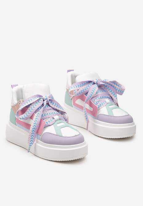 Biało-Fioletowe Sneakersy Na Niskiej Platformie z Szerokimi Sznurówkami we Wzorek Vidira