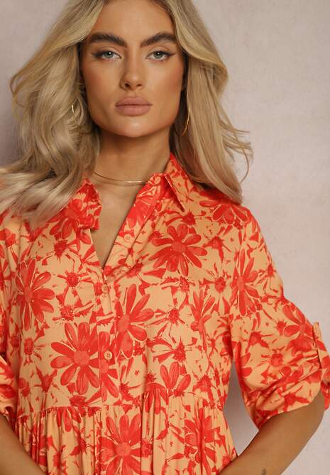 Pomarańczowa Rozkoszowana Sukienka z Koszulową Górą i Wzorem w Kwiaty Nealavin