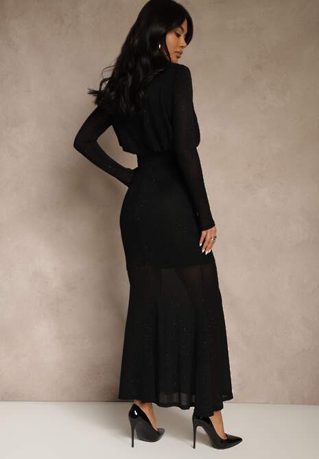 Czarna Cyrkoniowa Sukienka o Taliowanym Kroju z Bufiastą Górą i Gumką w Pasie Iwedesa