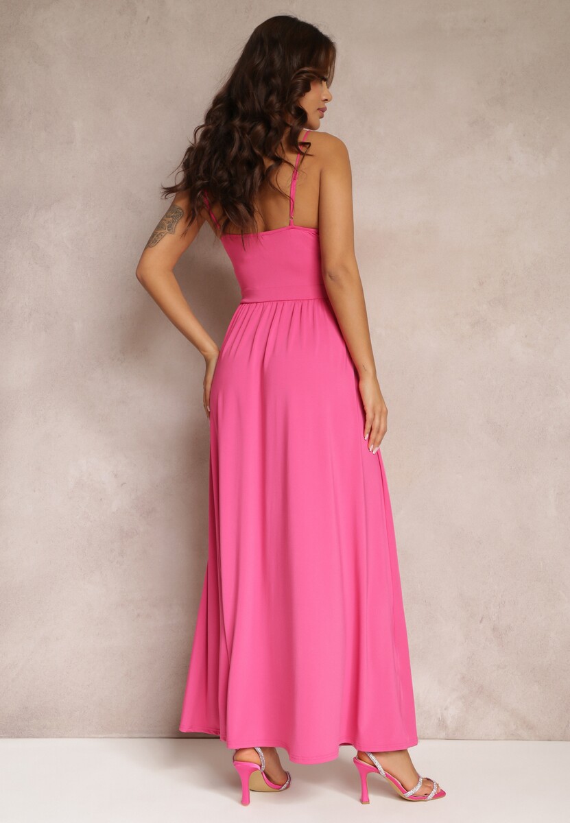 Fuksjowa Rozkloszowana Sukienka Maxi na Cienkich Ramiączkach z Rozporkiem Weslyn