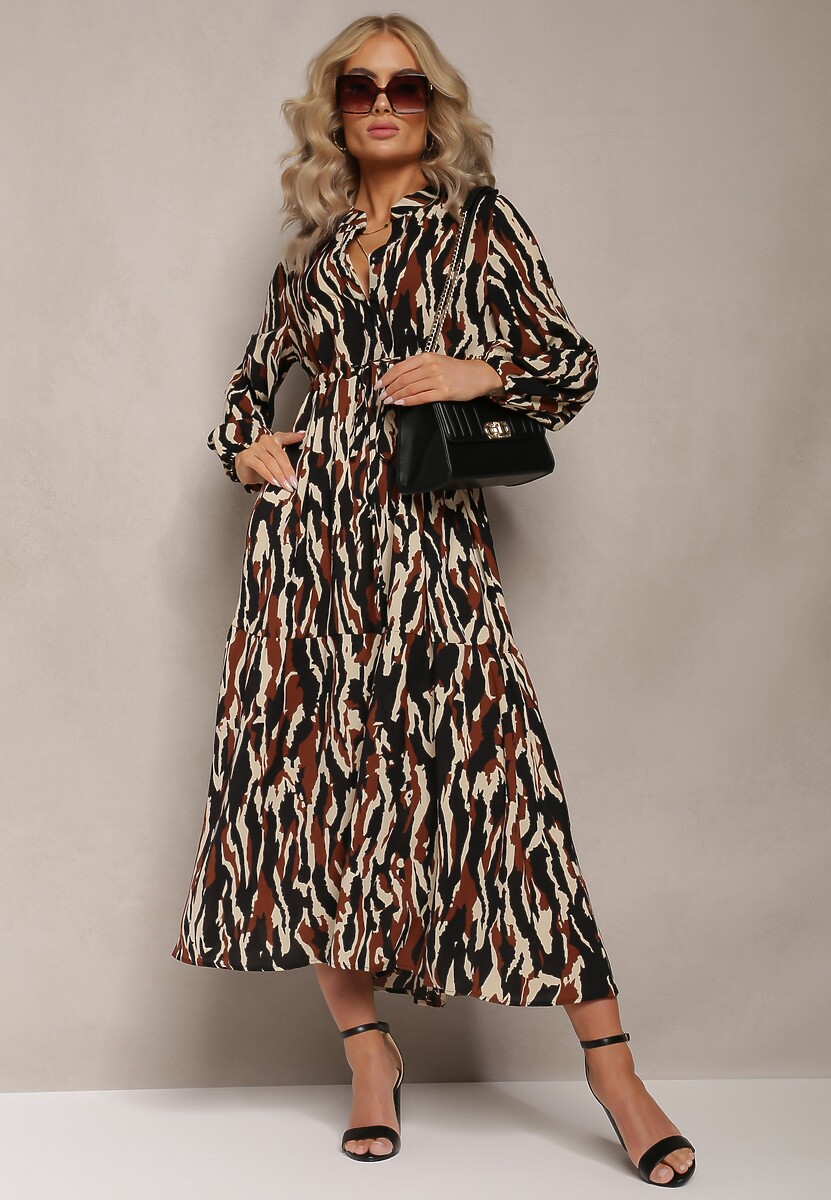 Czarna Sukienka Rozkloszowana w Abstrakcyjny Wzór Koso