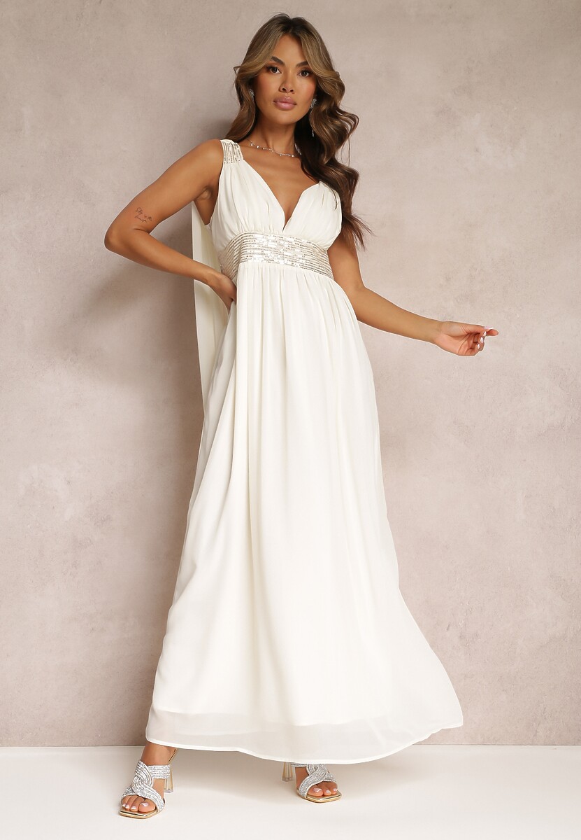 Beżowa Maxi Sukienka o Rozkloszowanym Fasonie Ozdobiona Cekinami na Szerokich Ramiączkach Nedilva