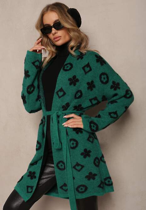 Zielony Kardigan z Wiązanym Paskiem Ozdobiony Wzorem w Kwiaty Timonen