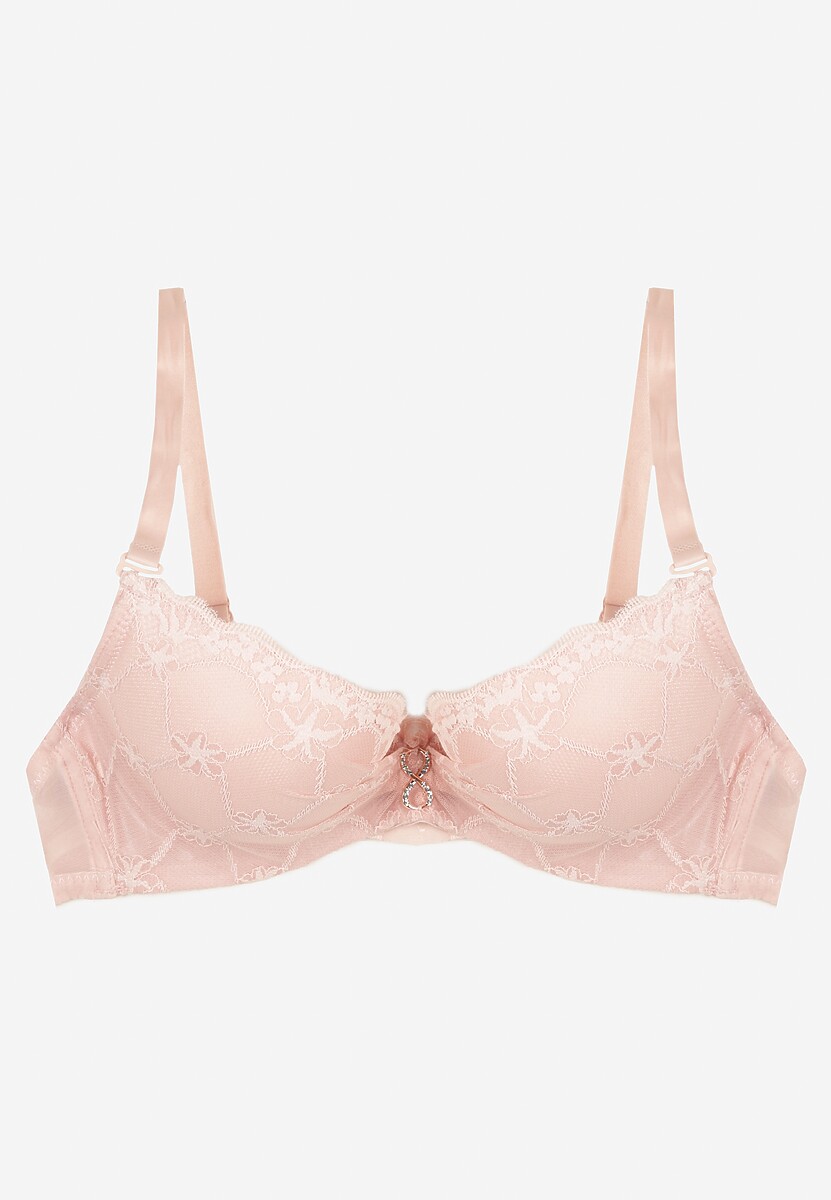 Różowy Biustonosz Push Up z Koronką i Metaliczną Ozdobą Norirae