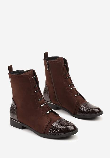 Brązowe Botki Vices Ozdobione Lakierowanymi Tłoczonymi Elementami Typu Krokodyl Olema