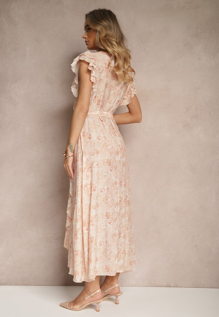Różowa Asymetryczna Sukienka z Bawełny z Falbankami i Kwiatowym Printem Lommea