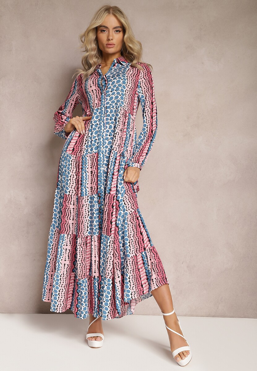 Niebiesko-Różowa Sukienka Maxi o Koszulowym Fasonie Vender