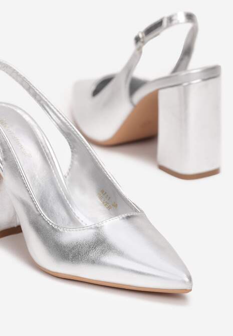 Srebrne Czółenka ze Szpiczastym Noskiem na Słupku i Odkrytą Piętą Dalanie