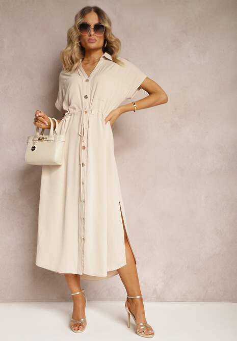 Beżowa Sukienka Koszulowa z Materiałowym Paskiem Zapinana na Guziki Quintia