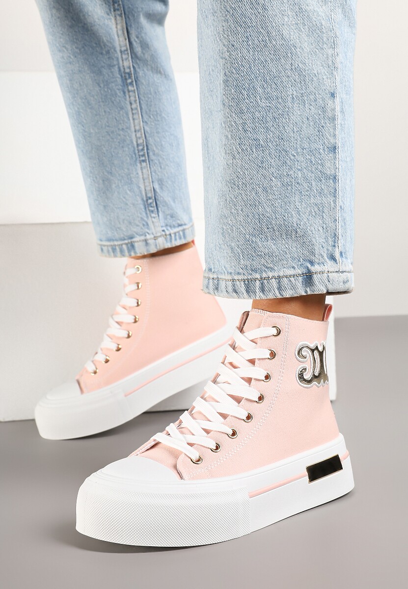 Różowe Trampki na Platformie z Wysoką Cholewką i Naszywką Nurissea