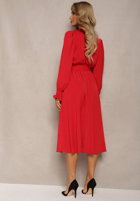 Czerwona Sukienka z Bufiastym Rękawem i Wiązanym Paskiem Corrine