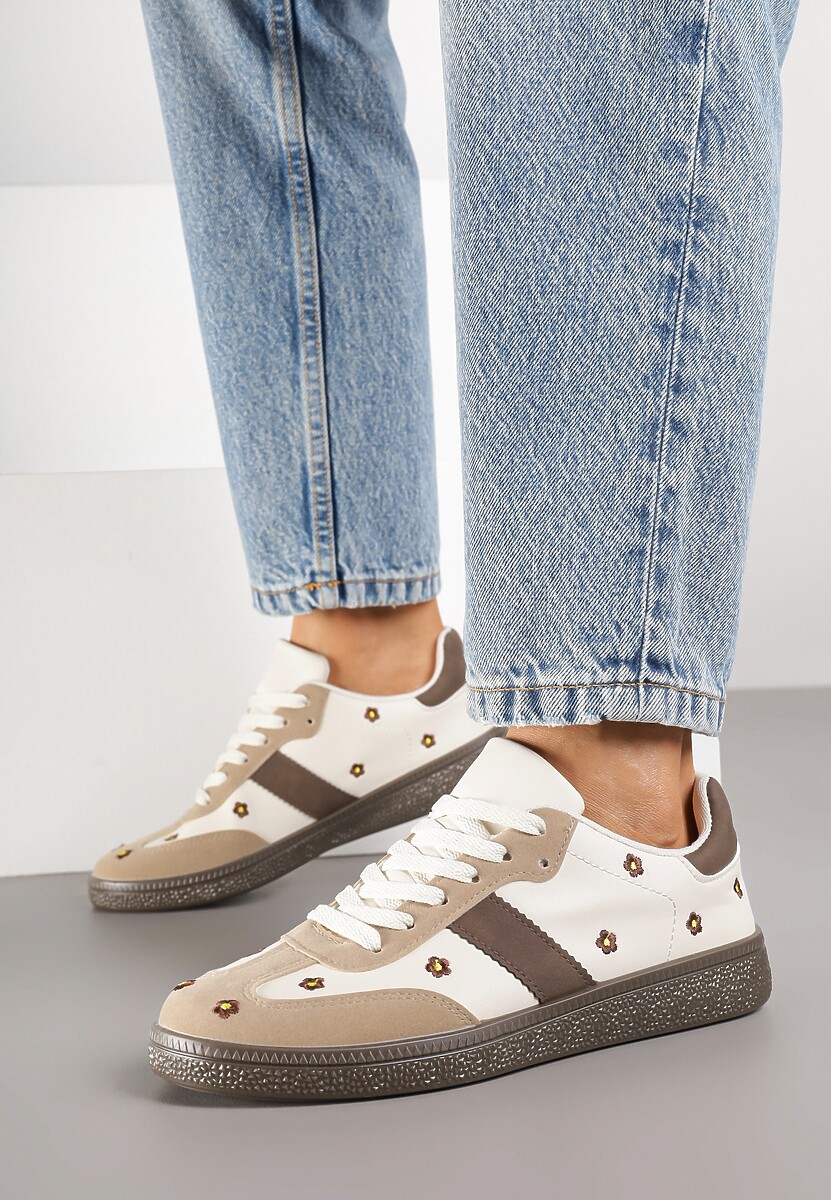 Beżowe Sneakersy Tenisówki Ozdobione Kwiatkami Zummine