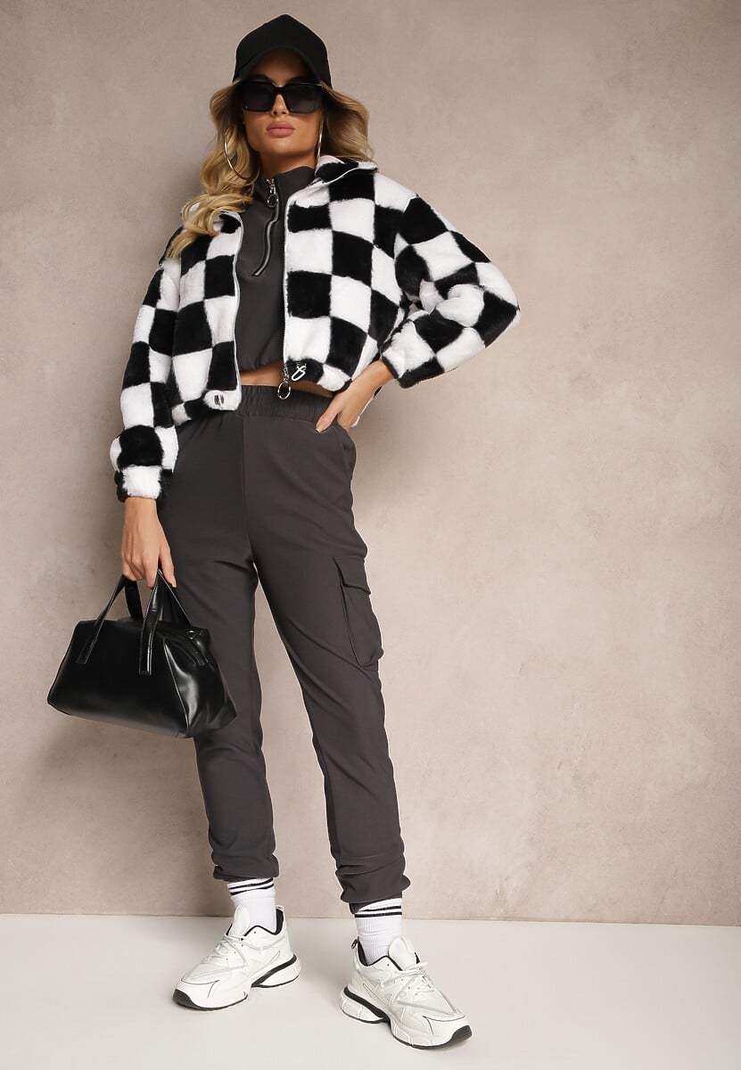 Czarno-Biała Kurtka z Futerka Zasuwana z Kołnierzykiem w Kratkę Vitista