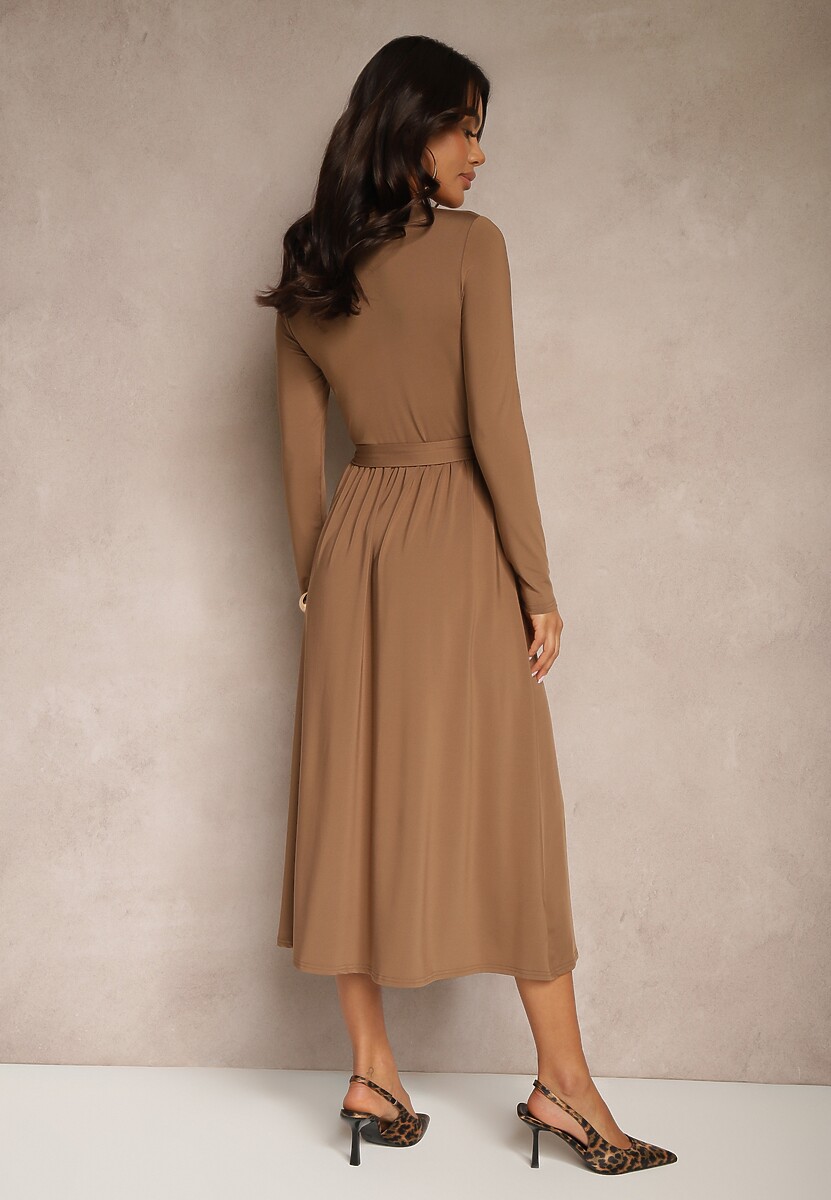 Brązowa Taliowana Sukienka z Paskiem z Domieszką Wiskozy Hrestalia
