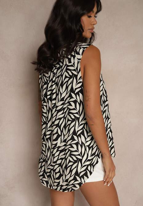 Czarna Koszula z Bawełny z Motywem Liści Raveldi