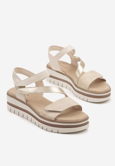 Beżowe Sandały na Platformie z Ozdobnymi Paskami na Rzep Solitte
