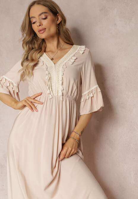 Beżowa Sukienka Maxi z Gumką w Talii z Ozdobnymi Chwostami z Wiskozy Zisel