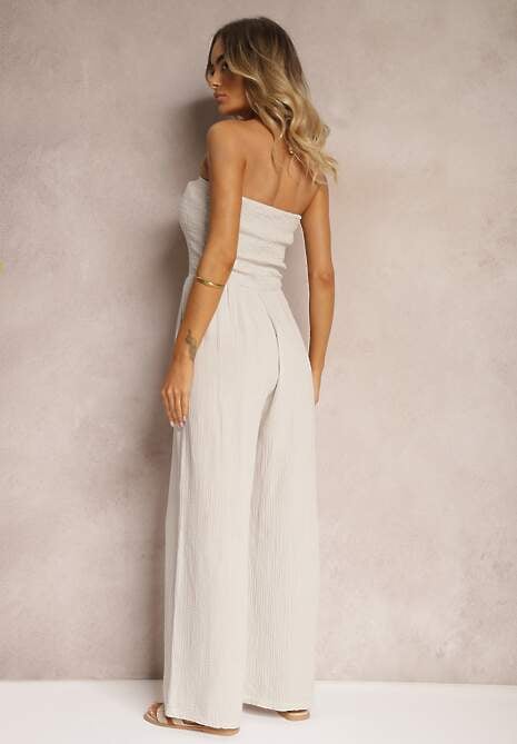 Beżowy Kombinezon z Bawełny z Długimi Nogawkami Ozdobiony Marszczoną Górą Moraena