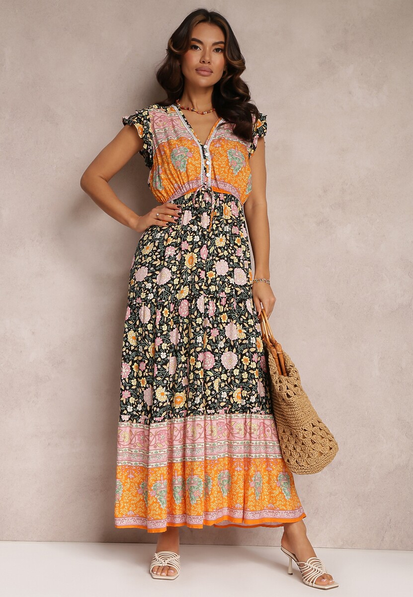 Czarno-Pomarańczowa Sukienka z Wiskozy z Gumką i Sznurkiem w Pasie Anash